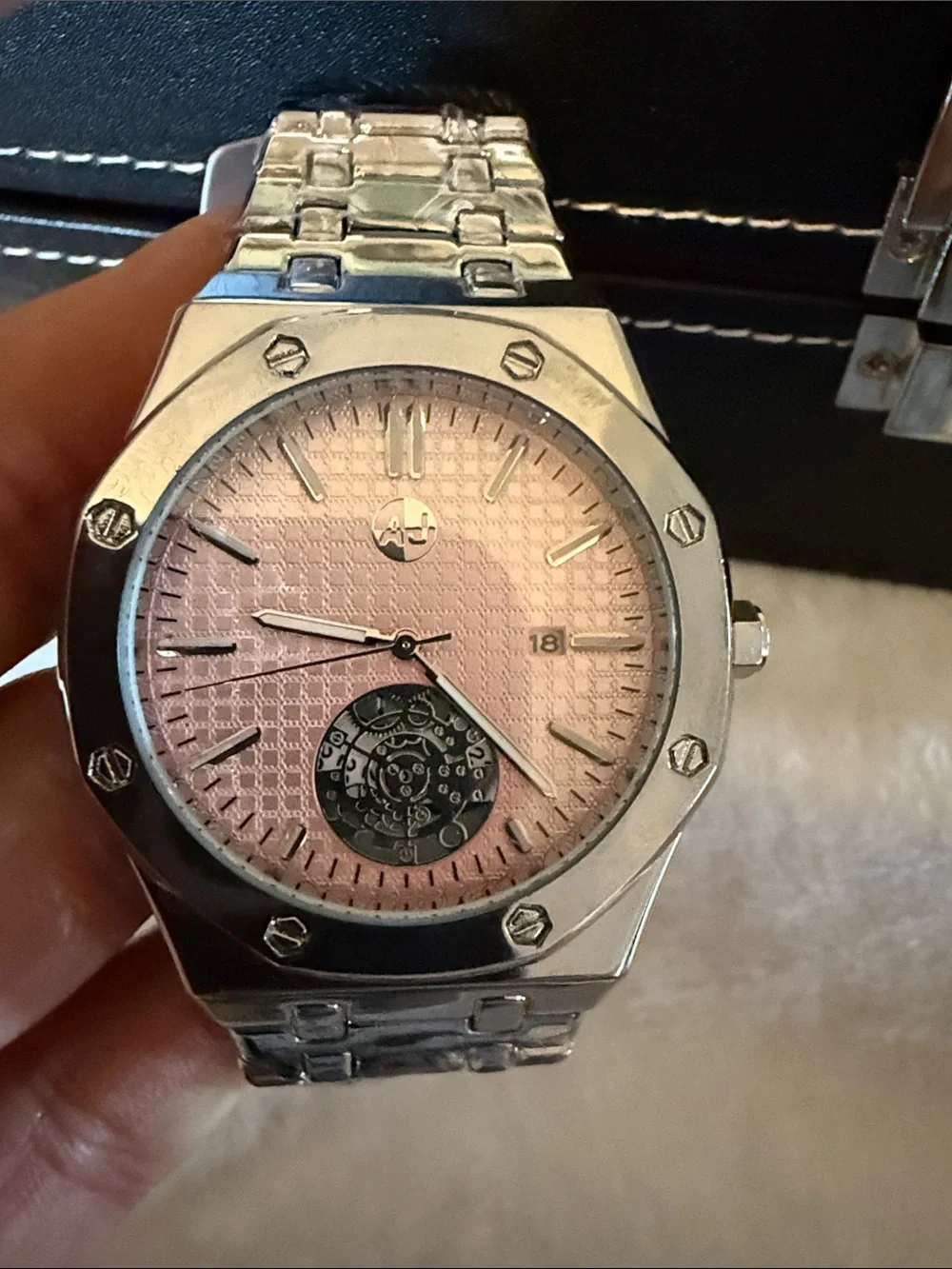 AJ Collection 43 amp Men’s Stainless Steel Silver Watch with Pink Dial